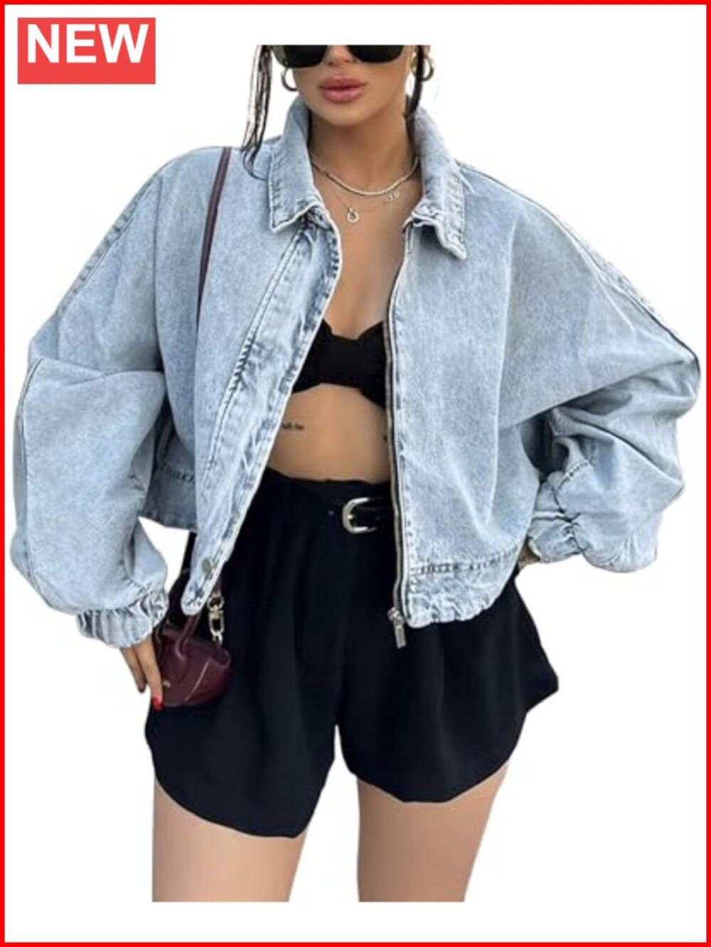 Oversized Cropped Denim Jacket Zip Up Light Wash Women Bomber Jacket